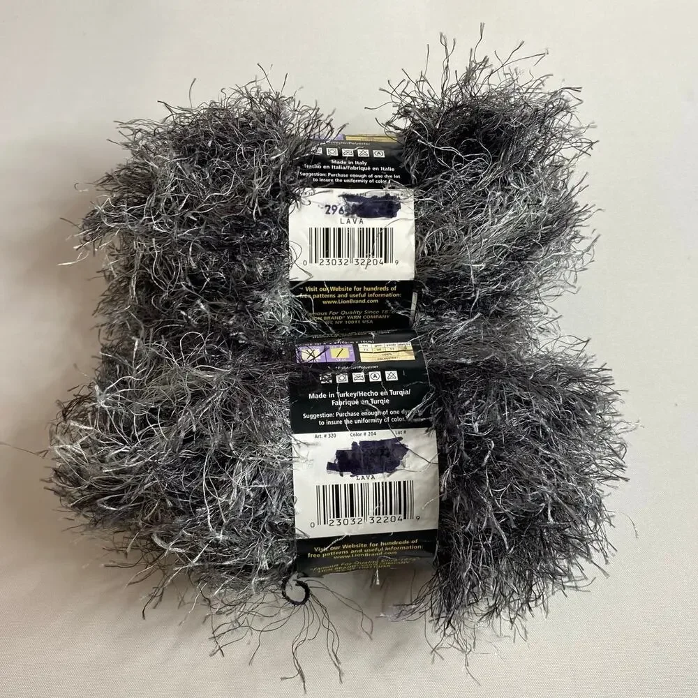 Lot Of 2 Lion Brand Fun Fur Prints Eyelash Yarn #204 Lava Black White Gray NWT